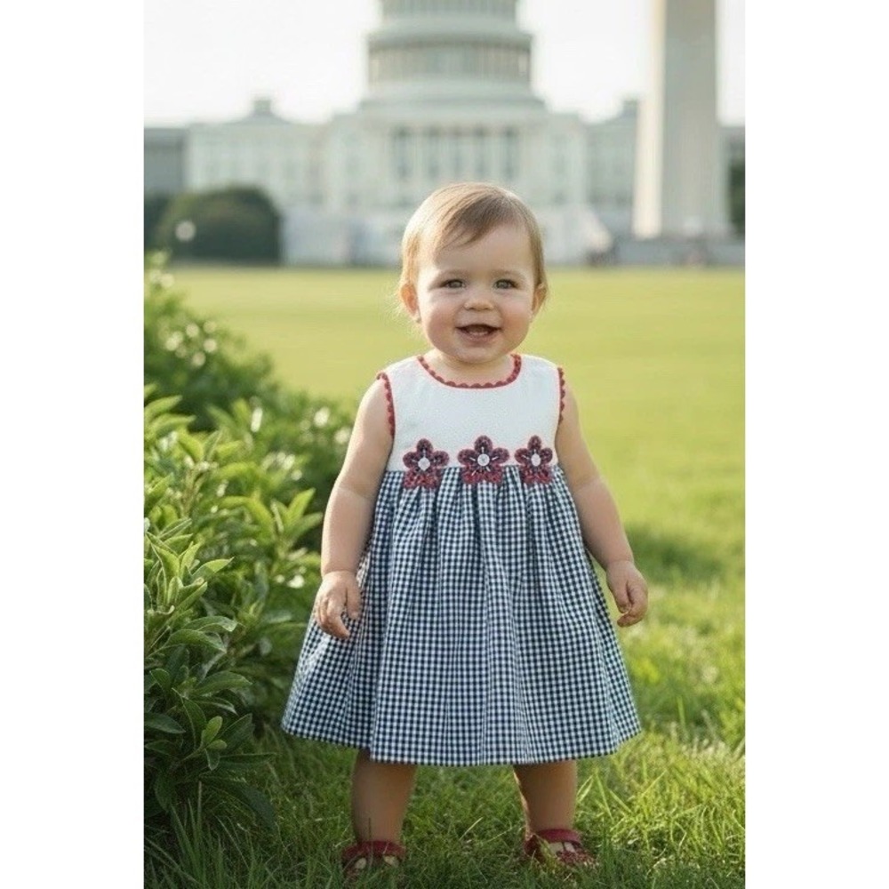New Bonnie Baby Blue Size 12 Month 12M White Searsucker Embroidered Summer Dress